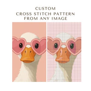 Könnte beinhalten: Ein skurriles Bild einer weißen Gans mit rosa herzförmigen Sonnenbrillen. Die Gans hat einen orangefarbenen Schnabel und steht vor einem zartrosa Hintergrund. Der Text "CUSTOM CROSS STITCH PATTERN FROM ANY IMAGE" befindet sich oben.