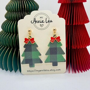 Faux Leather Christmas Tree Earrings Buffalo Plaid