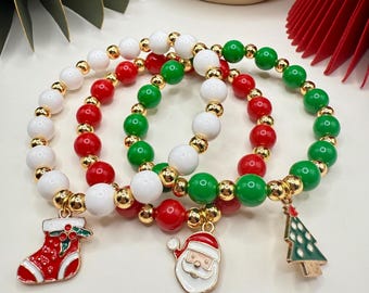 Christmas Charm Bracelet, Acrylic & 14k Gold Beads, Holiday Jewelry