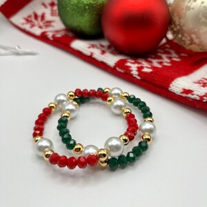 Red Green Beaded Christmas Bracelet, 14k Gold Holiday Jewelry
