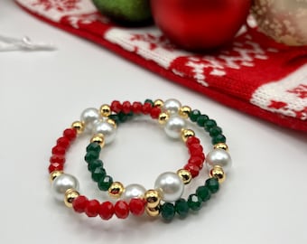 Red Green Beaded Christmas Bracelet, 14k Gold Holiday Jewelry