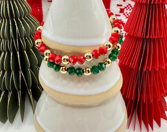 Red & Green Holiday Bracelet - Gold Filled Christmas Beaded Jewelry