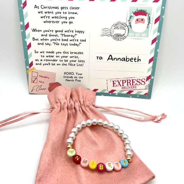 Girls Christmas Bracelet Elf Gift Girl's Name Bracelet St. Nick Night Gift North Pole Postcard Personalized Child Bracelet Stocking Stuffer