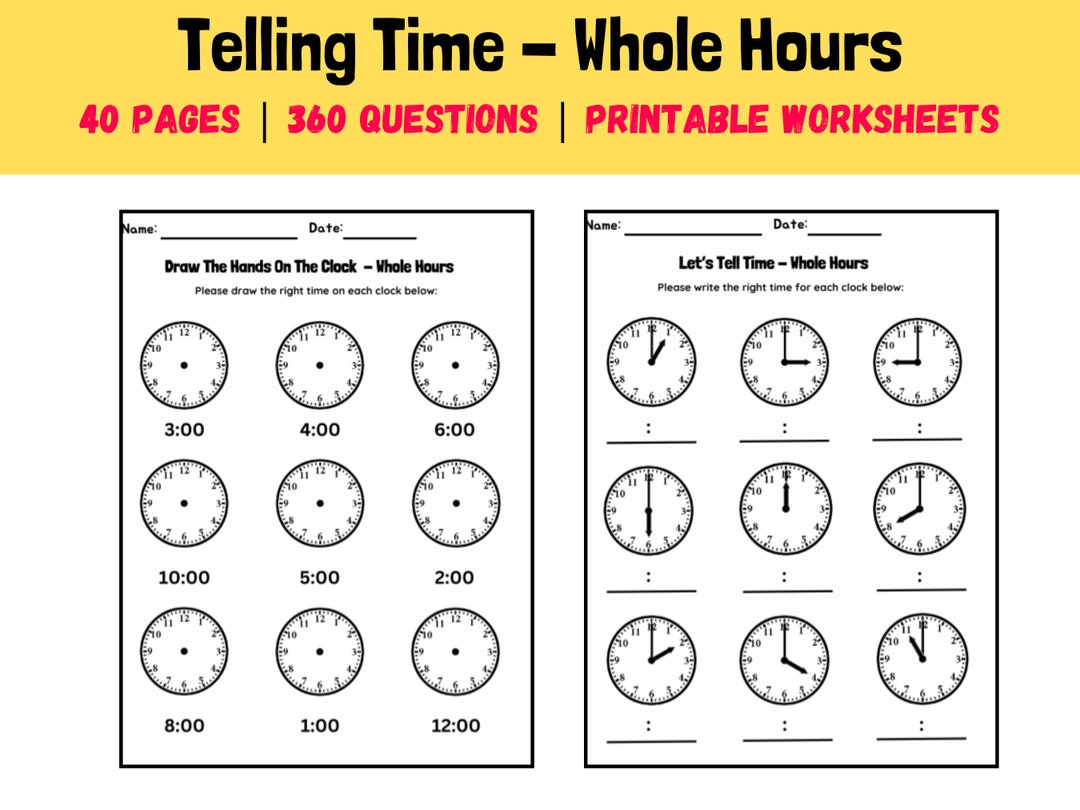 Printable Telling Time Hourly Interval Worksheets Math Etsy Australia