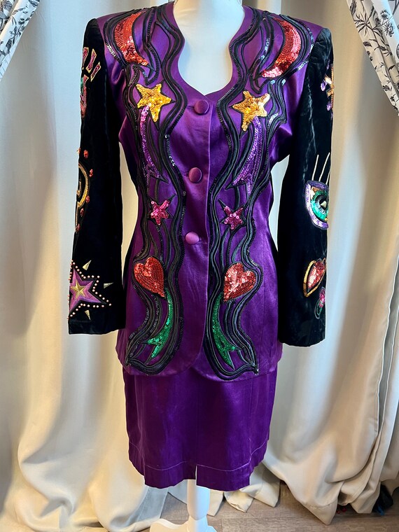 Vintage 1980’s Purple Satin Escada Sequined Suit - image 1