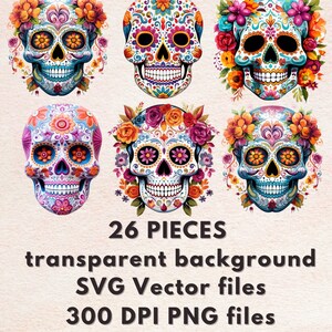 26 Dia de Muertos Paquete de Calaveras de Azúcar / Diseño de Halloween / Calavera de Azúcar / Pegatina dia de Mueartos / Camiseta de decaración Decoración Mexicana / VECTOR
