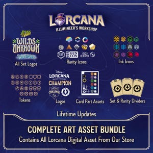 Puede incluir: Imagen promocional de los activos del juego de cartas coleccionables Lorcana. La imagen presenta varios logotipos, iconos y divisores de cartas. El texto incluye "COMPLETE ART ASSET BUNDLE" y "Contains All Lorcana Digital Asset From Our Store."