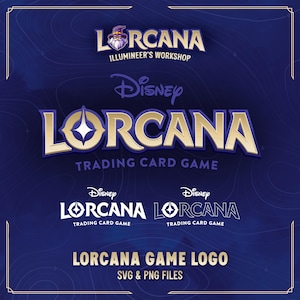 May include: A gold and white logo for the Disney Lorcana Trading Card Game. The logo features the word "Lorcana" in a stylized font with a starburst design. The text "Disney Lorcana Trading Card Game" is written below the logo in a smaller font.