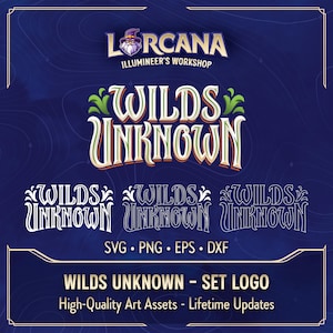 Könnte beinhalten: Digitales Kunst-Asset-Set mit dem Text "WILDS UNKNOWN" in verschiedenen Stilen und dem Logo "LORCANA ILLUMINEER'S WORKSHOP". Dateiformate: SVG, PNG, EPS und DXF. Dunkelblauer Hintergrund.