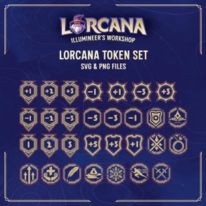 Puede incluir: Un conjunto de 24 fichas de juego Lorcana doradas y blancas con varios símbolos y números. Las fichas están dispuestas en una cuadrícula sobre un fondo azul. El texto "Lorcana Token Set" está en la parte superior de la imagen.