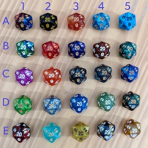 May include: Twenty-sided dice in various colors and patterns, arranged in a grid on a wooden surface. The dice are numbered 1 through 20.