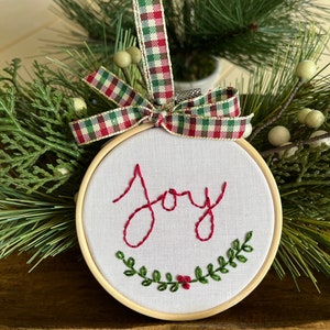 Hand Embroidered &#39;Joy&#39; Christmas Ornament: 3-inch Hoop Art