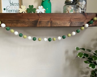 St. Patrick's Day Felt Ball Garland,  Spring Wool Felt Ball Garland, Green and White Felt Ball Garland