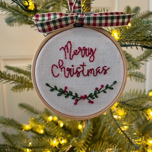 Merry Christmas Ornament, Hand Embroidered Ornament, Embroidered Christmas Ornament