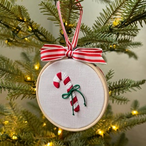 Candy Cane Ornament, Hand Embroidered Ornament, Embroidered Christmas Tree Ornament