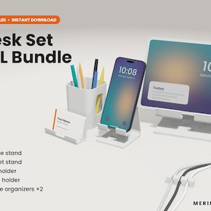 May include: A white desk accessory set including a pen holder with colorful pens, a business card holder, a smartphone stand with a phone, a tablet stand with a tablet, and two cable organizers. Text reads Desk Set STL Bundle and Meriforge.