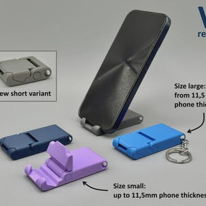 May include: A V3 released foldable phone stand in gray, blue, purple, and light blue. One stand holds a smartphone. Text indicates a new short variant, a large size for 11.5 to 13 inches thickness, and a small size for up to 11.5 inches thickness.