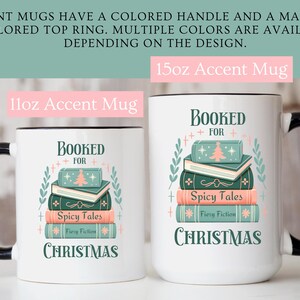 May include: Two white ceramic mugs with black handles. The mugs have a design of stacked books with a Christmas tree on top. The text on the mugs reads "Booked for Christmas" and "Spicy Tales". The mugs are available in 11oz and 15oz sizes.