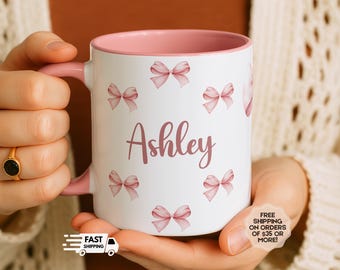 Personalized Pink Bow Coquette Mug, Girly Cottagecore Gift, Aesthetic Mug for Her, Gift for Mom or Best Friend, Coquette Coffee Cup