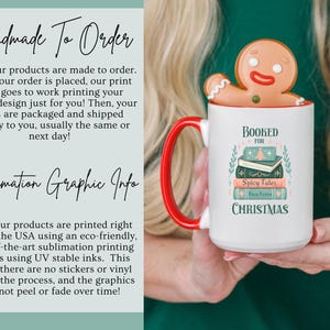 May include: White ceramic mug with a red handle and a gingerbread man design. The mug has the text "Booked for Christmas" and a stack of books with the text "Spicy Tales" on the front.