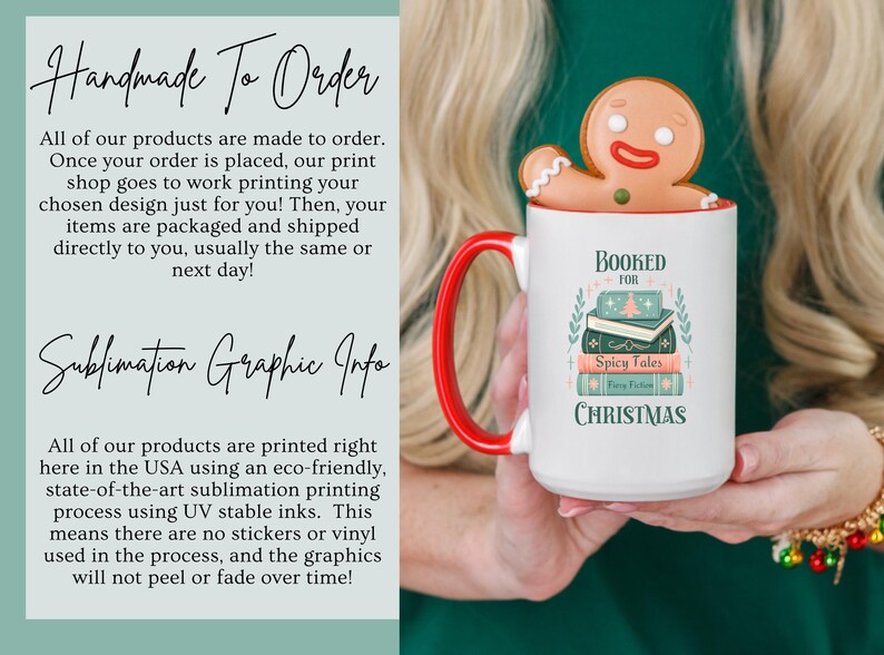 May include: White ceramic mug with a red handle and a gingerbread man design. The mug has the text "Booked for Christmas" and a stack of books with the text "Spicy Tales" on the front.