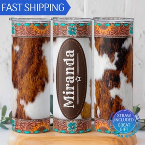 Personalized cute Cowgirl Tumbler, Custom Cow Tumbler, Cute Cowhide Tumbler, Western Tumbler, Country Tumbler, Cow lovers, Turquoise Gift