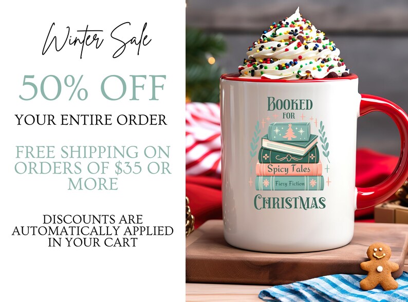 May include: White ceramic mug with a red handle. The mug has a design of a stack of books with the text "Booked for Christmas" and "Spicy Tales" on the front. The mug is filled with white whipped cream and colorful sprinkles.