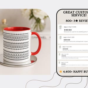 K&ouml;nnte beinhalten: Eine wei&szlig;e Keramiktasse mit rotem Innenraum und Henkel, verziert mit einem schwarzen geometrischen Muster. Die Tasse steht auf einem silbernen Untersetzer. Der Text "GREAT CUSTOMER SERVICE!" und "800+ 5 REVIEWS" ist ebenfalls sichtbar.