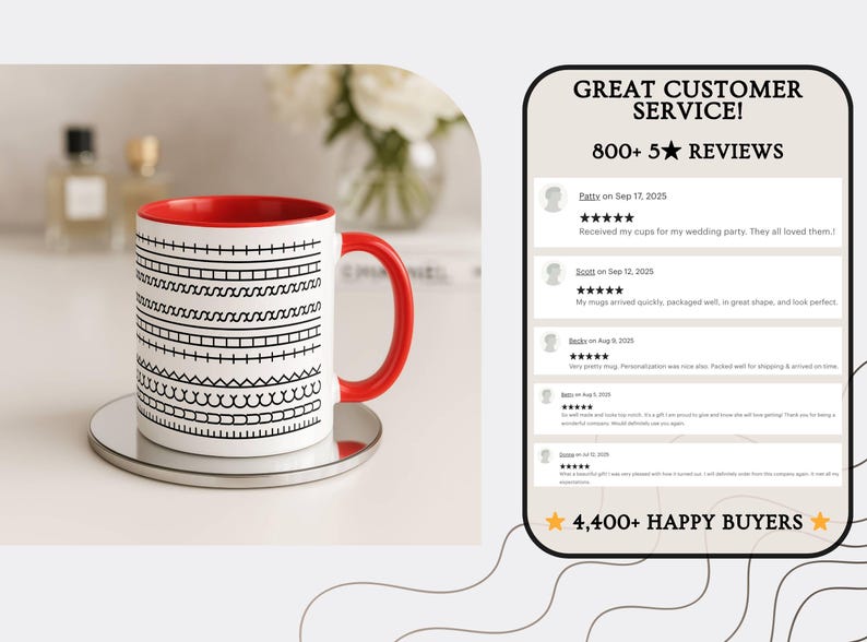 K&ouml;nnte beinhalten: Eine wei&szlig;e Keramiktasse mit rotem Innenraum und Henkel, verziert mit einem schwarzen geometrischen Muster. Die Tasse steht auf einem silbernen Untersetzer. Der Text "GREAT CUSTOMER SERVICE!" und "800+ 5 REVIEWS" ist ebenfalls sichtbar.