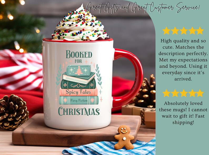 May include: White ceramic mug with a red rim and handle. The mug features a stack of books with the text "Booked for Christmas" and "Spicy Tales" and "Fiery Fiction".