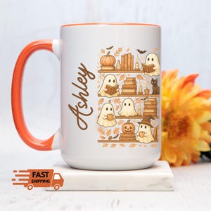 Personalized Cute Ghosts Mug, Festive Halloween Ceramic Mug, Fall aesthetic, Halloween theme, Book Lover Teacup, Book Lover Gifts, Bookish