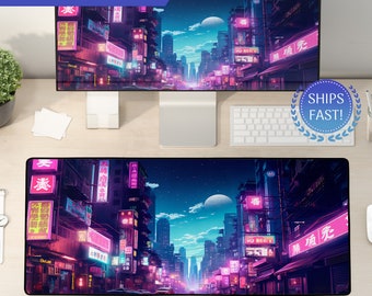 Tokyo Anime City Desk Mat, Lofi Desk Mat, Vaporwave Neoprene Gaming Mat, XXL Gaming Pad, Aesthetic Desk Decor, Multiple Sizes