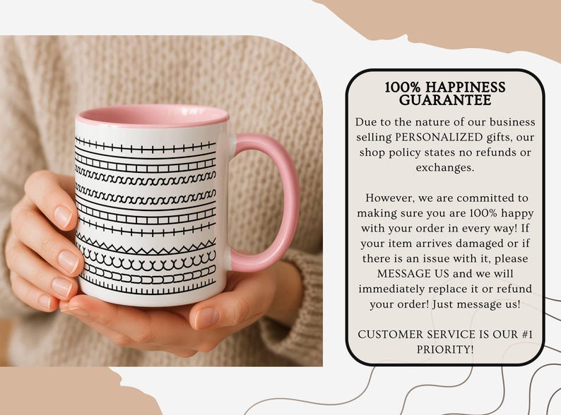 K&ouml;nnte beinhalten: Wei&szlig;e Keramiktasse mit rosa Innenraum und Henkel, verziert mit schwarzen geometrischen Mustern. Die Tasse wird von einer Person in den H&auml;nden gehalten. Die Tasse hat den Text "100% HAPPINESS GUARANTEE".