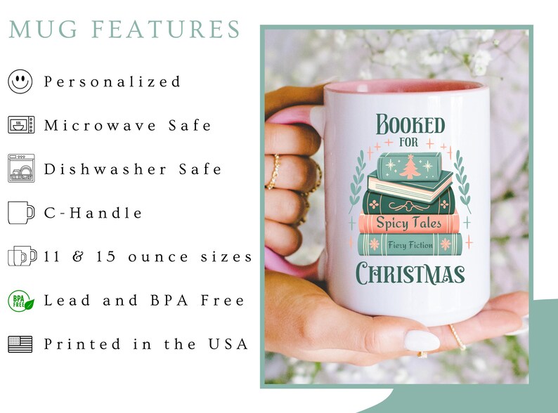 May include: White ceramic mug with a pink rim and handle. The mug features a stack of books with the text "Booked for Christmas" and "Spicy Tales" and "Flurry Fiction". The mug is 11 or 15 ounces and is microwave and dishwasher safe.