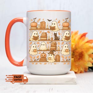 Personalized Cute Ghosts Mug, Festive Halloween Ceramic Mug, Fall aesthetic, Halloween theme, Book Lover Teacup, Book Lover Gifts, Bookish