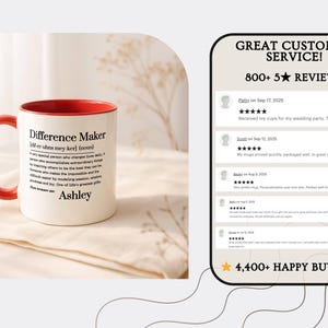 May include: A white ceramic mug with a red interior and handle. The mug features the text "Difference Maker" with a definition and the name "Ashley". The image also shows customer reviews and a count of happy buyers.