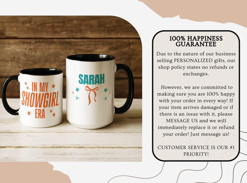 May include: Two white ceramic mugs with black handles and rims. One mug has "IN MY SHOWGIRL ERA" in orange and red text. The other mug has the name "SARAH" in teal, with a bow and star accents. Both mugs are on a light wood surface.