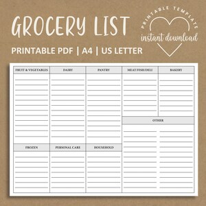 Printable Grocery List Template – Food Shopping List – Grocery Planner - Instant Download PDF - A4/US Letter