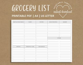 Plantilla de lista de compras imprimible - Lista de compras de alimentos - Planificador de compras - Descarga instantánea en PDF - Tamaño A4/Carta de EE. UU.