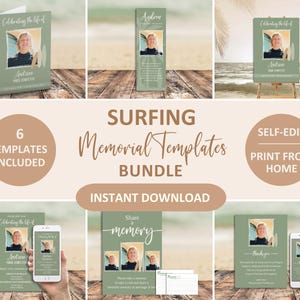 Editable Surfing Memorial Bundle • Printable Celebration of Life Templates • Funeral Program • Instant Download