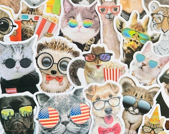 5-50pcs Funny Animal with Glasses Stickers (1) Kawaii Gift Waterproof Sticker Pack Decals For Laptop, Luggage, Water Bottle, Skateboard