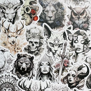 50 Black and White Goth Stickers (2) Luggage Laptop Water bottle Sticker Dark Skull Gothic Tattoo Decals