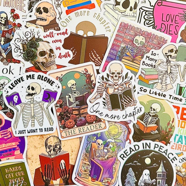 Skull Bookish Sticker Pack, Kindle Book Stickers (5)  Reader Themed Waterproof Book Nook Stickers, Water bottle Laptop Book Lover Gift