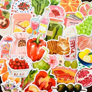 50 Fruit & Vegetables Stickers, Mediterranean Bullet Journal Sticker Pack, Junk Journaling Fruit Coquette Stickers, Bullet Journal Supplies