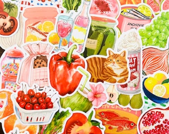 50 Fruit & Vegetables Stickers, Mediterranean Bullet Journal Sticker Pack, Junk Journaling Fruit Coquette Stickers, Bullet Journal Supplies
