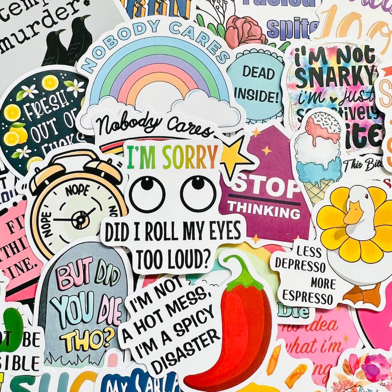 以下が含まれることがあります： 「Nobody Cares I'm Sorry」「Did I Roll My Eyes Too Loud?」「But Did You Die Tho?」「I'm Not A Hot Mess, I'm A Spicy Disaster」「Stop Thinking」「Less Depresso More Espresso」「I'm Not Snarky I'm Just Sarcastically Ironic」など、さまざまなフレーズとデザインが施されたカラフルなステッカーのコレクションです。