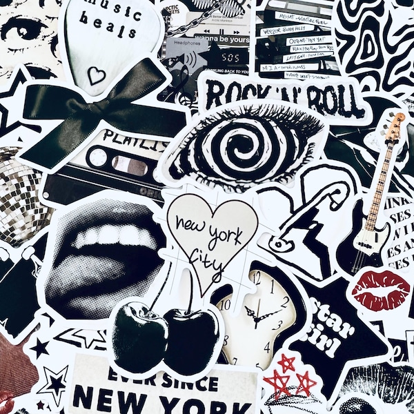 50 czarno-białych, dziewczęcych, estetycznych naklejek „Dziewczyna z centrum miasta”, pakiet naklejek „Dziewczyna z Pinteresta”, planer, naklejki na laptopa