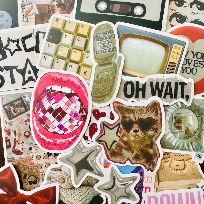 May include: A collection of assorted stickers featuring a disco ball in a mouth, a flip phone with text, a cat wearing heart-shaped sunglasses, stars, a vintage television, a keyboard with the text WISH YOU WERE HERE, and various graphic designs.
