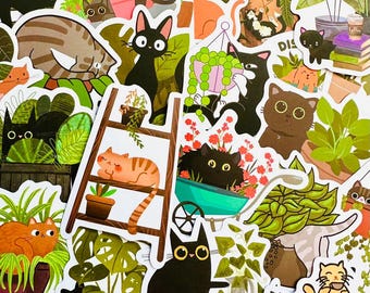 50 Cat & Plants Stickers (4) Kawaii Funny Gift Waterproof Stickers Decals For Motorcycle, Laptop, Luggage, Water Bottle