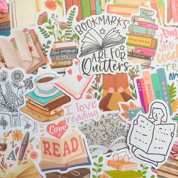 Reading Book Stickers (4) Kindle Bookish Sticker Pack, Reader Themed Waterproof Book Nook Stickers, Water bottle Laptop Book Lover Gift